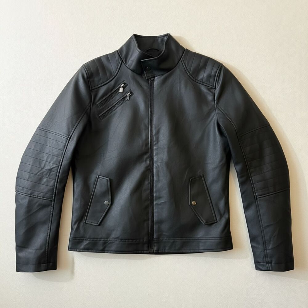 Brooklyn's Best Men's Faux Leather Biker Jacket Large L Hooded Black